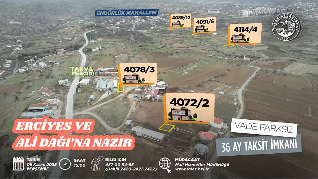 Kayseri'de vade farksız 36 aya kadar taksitle villa parselleri satılıyor
