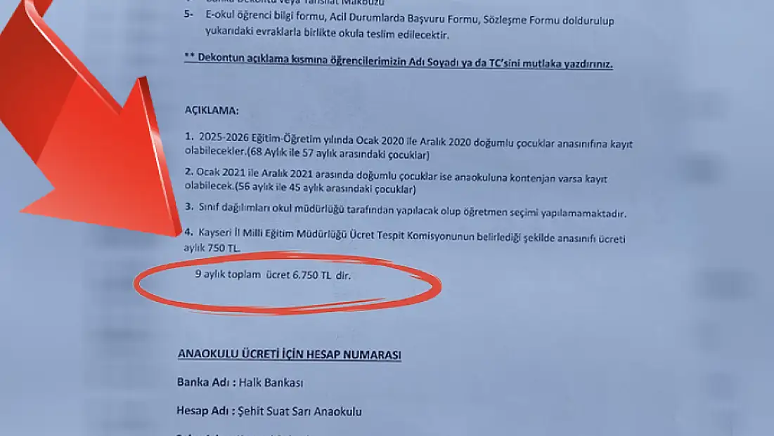 Kayseri'de anaokuluna kayıt sırasında velilerden istenen ücret tartışmaları beraberinde getirdi