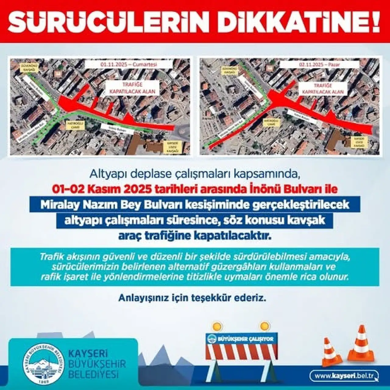 Sürücülere uyarı geldi: Kayseri'de o yol 2 günlüğüne kapatılacak