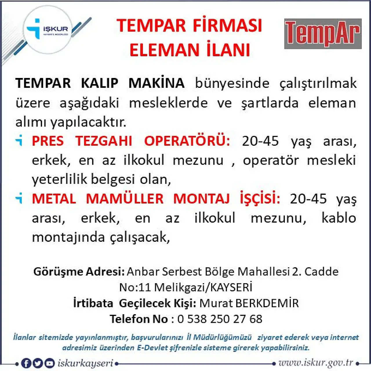 Kayseri'de iş arayanlara müjde! Personel alınacak