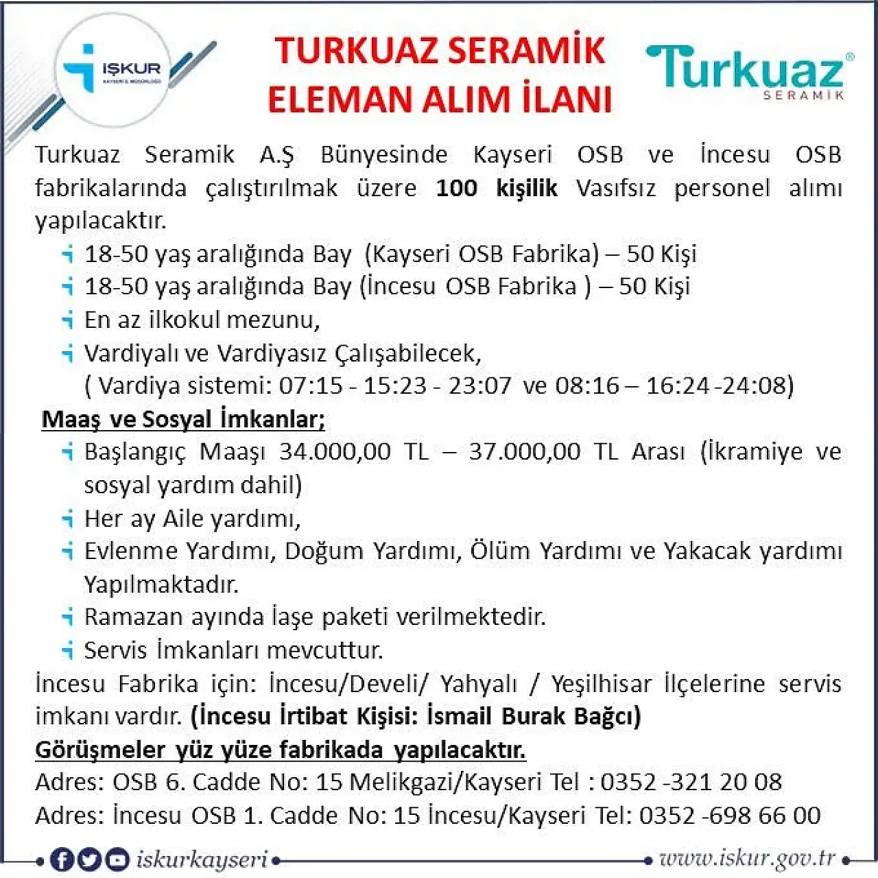 Kayseri'de iş fırsatı! Maaş 34 bin TL'den başlıyor