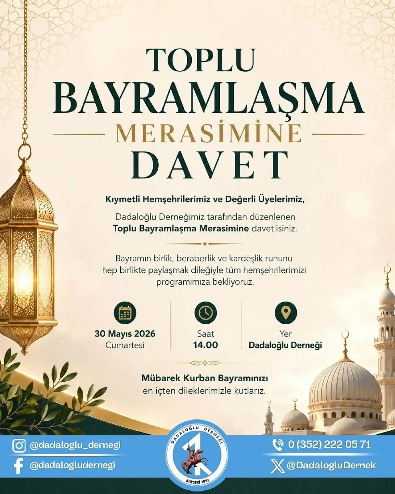 Dadaloğlu Derneği'nden Toplu Bayramlaşma Çağrısı