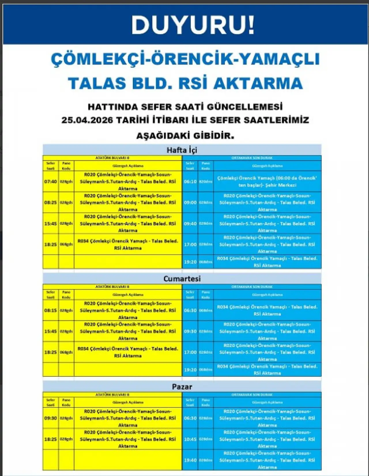 Kayseri'de ulaşımda yeni güncelleme: Sefer saatleri değişti!