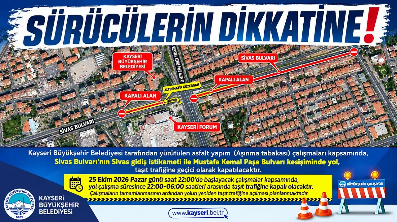Kayseri'de sürücüler dikkat! Yol taşıt trafiğine kapatılıyor