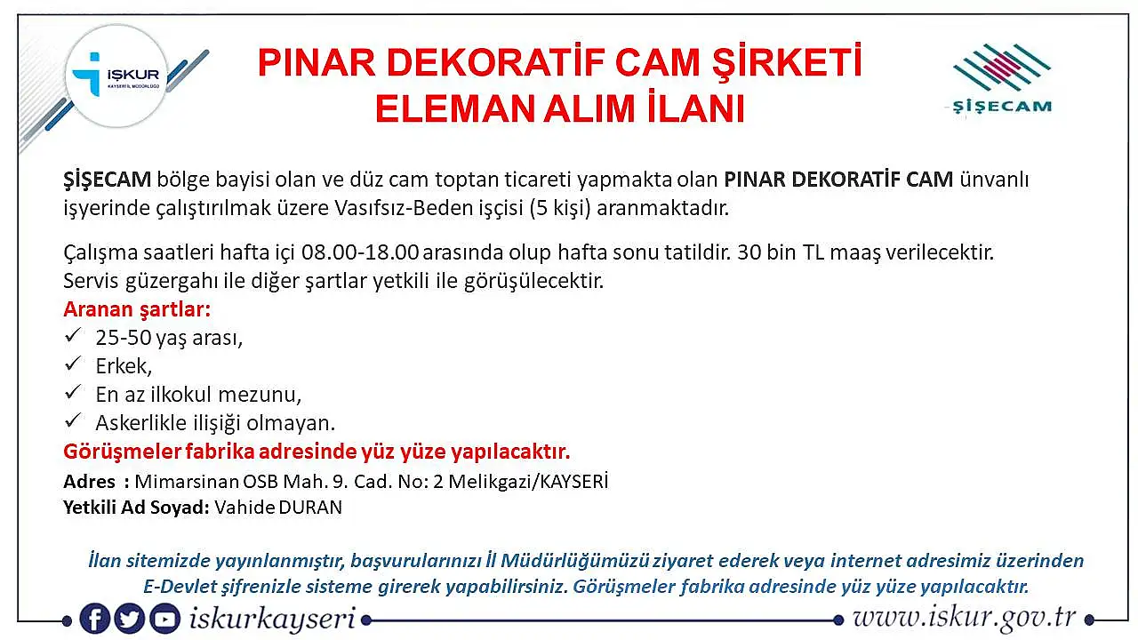 Kayseri'de iş arayanlar dikkat! Hafta sonu tatil, 30 bin TL maaş