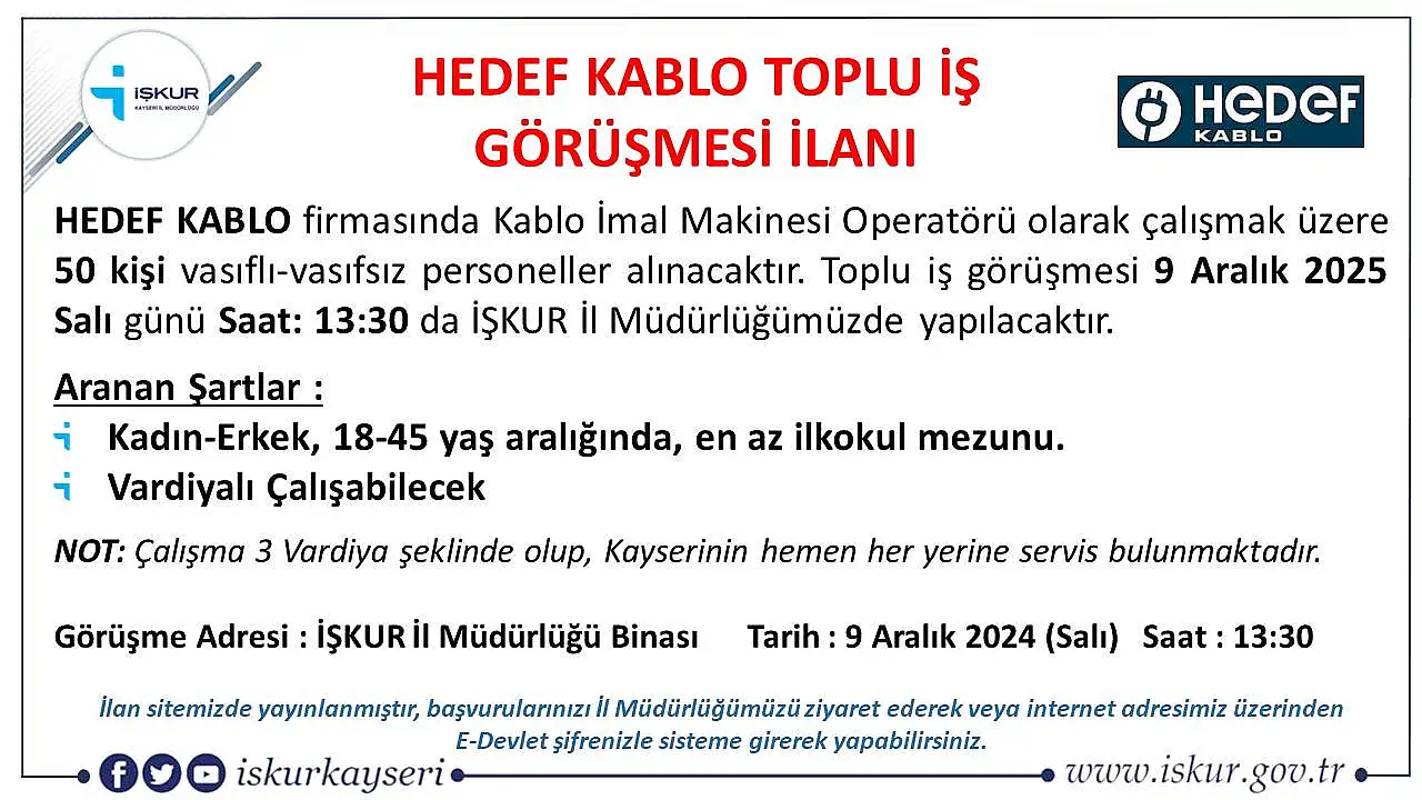 Kayseri'de iş arayanlar müjde! 2 firma personel alacak