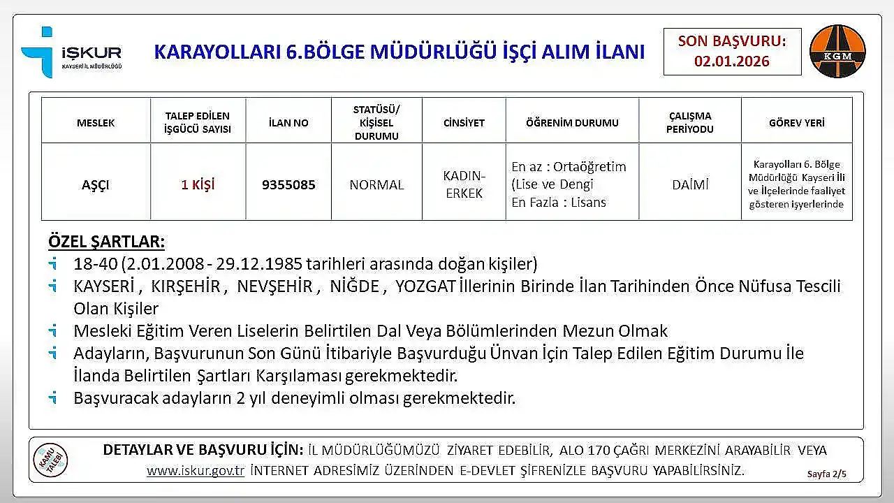 Kayseri'de kamuda personel alınacak! Başvurular yarın bitiyor