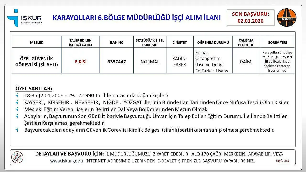 Kayseri'de kamuda personel alınacak! Başvurular yarın bitiyor