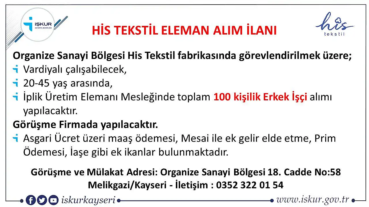 Asgari ücretin üzerinde maaş, mesai, prim ve iaşe... Kayseri'deki fabrika 100 kişi alacak