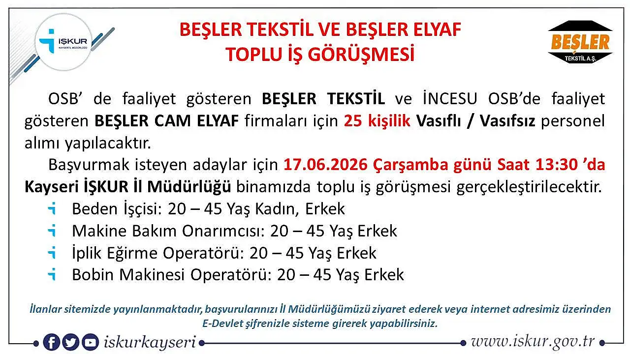 Kayseri'de vasıflı-vasıfsız personel aranıyor! İşte görüşme tarihi