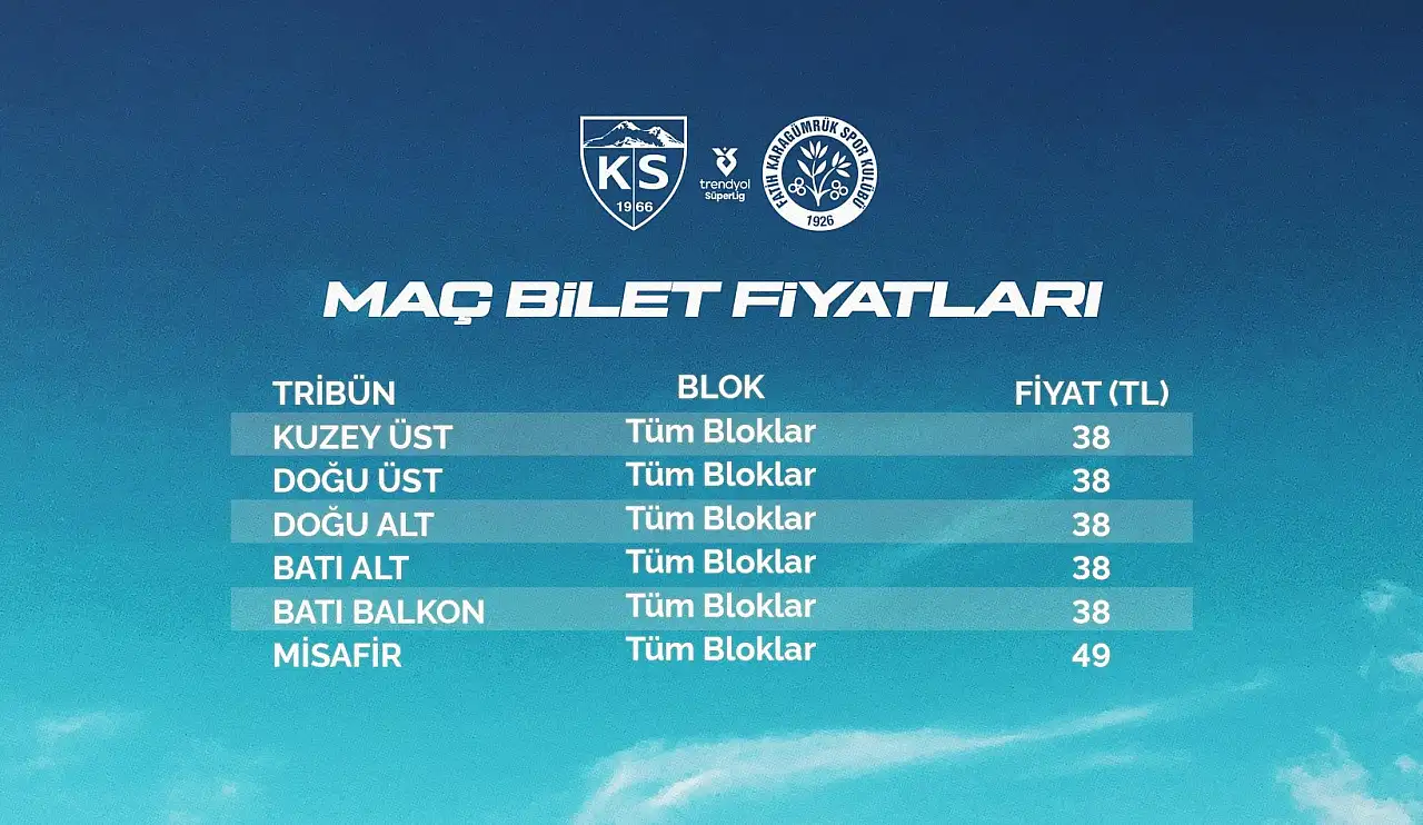 Kayserispor, Fatih Karagümrük'ü ağırlayacak! Bilet fiyatları açıklandı