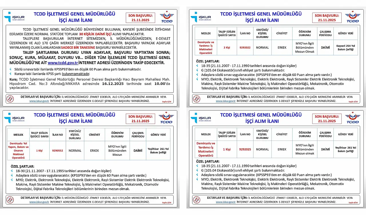 TCDD'de Kayseri'ye 30 personel alacak: Son başvuru 21 Kasım