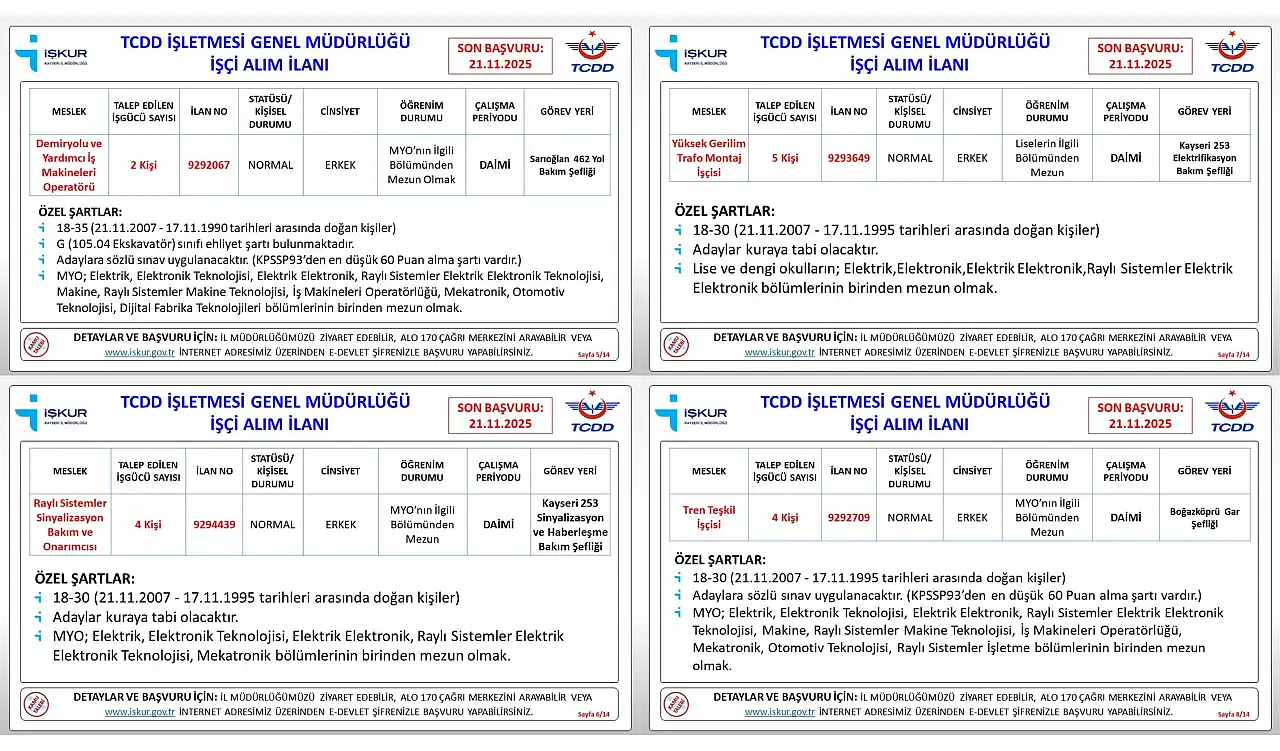 TCDD'de Kayseri'ye 30 personel alacak: Son başvuru 21 Kasım