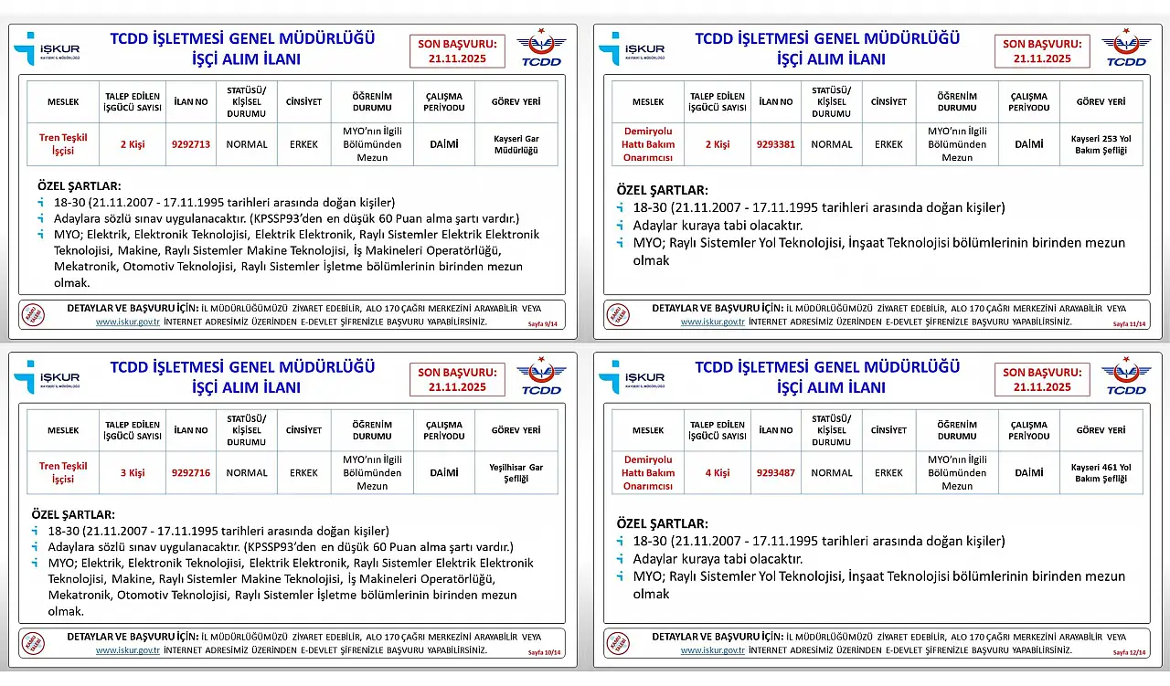 TCDD'de Kayseri'ye 30 personel alacak: Son başvuru 21 Kasım