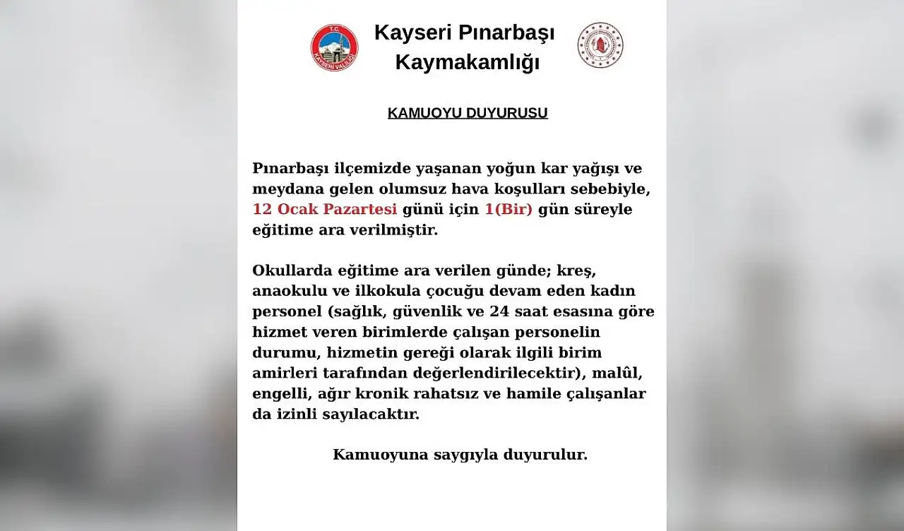 Kayseri'nin o ilçesinde okullar tatil edildi!