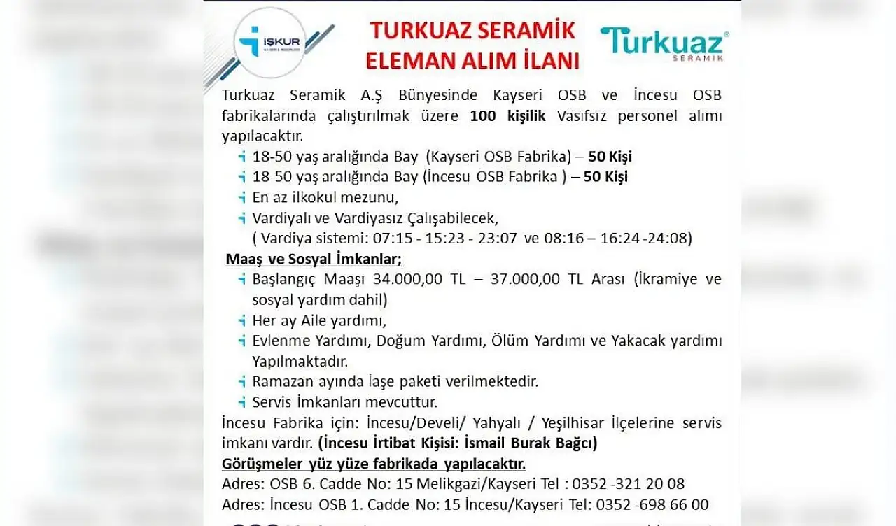 Kayseri'de iş fırsatı! 34 bin TL'ye çalışacak 100 kişi aranıyor