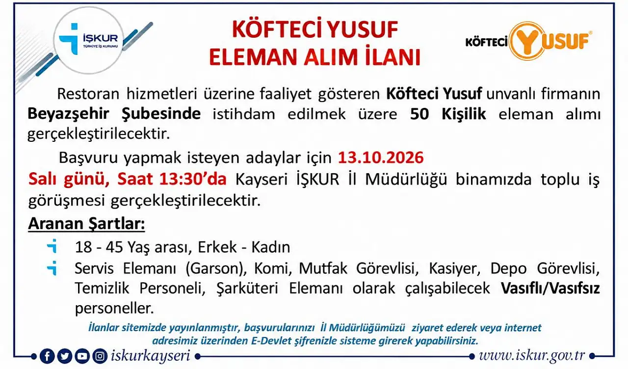 Kayseri'de Köfteci Yusuf eleman alacak