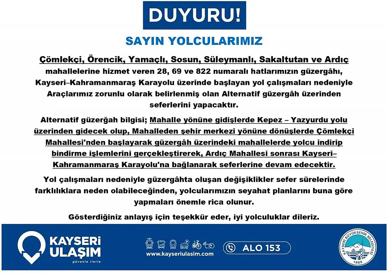 Kayseri Ulaşım duyurdu: Bazı güzergahlar değişti!