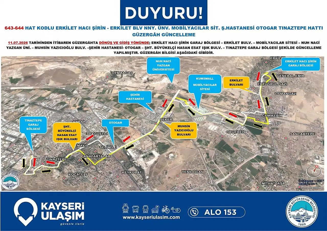 Kayseri Ulaşım yeni güzergah ve saatlerini duyurdu