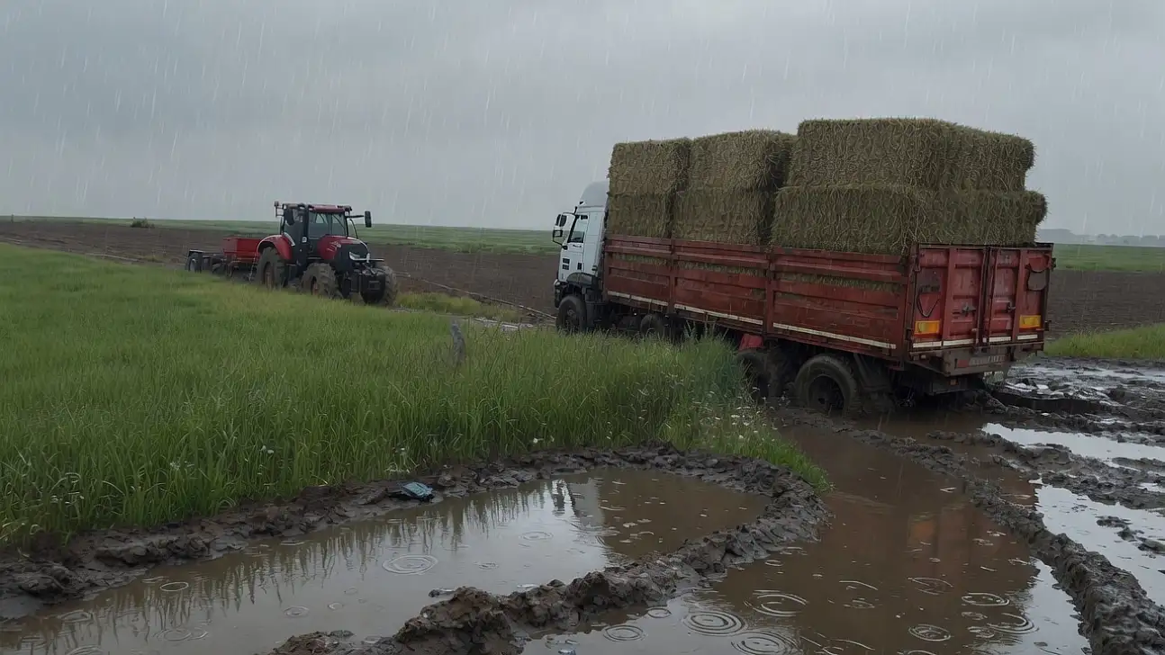 Yağışlar nedeniyle TIR'lar çamura saplandı. Çiftçiler Büyükşehir'e çağrı yaptı