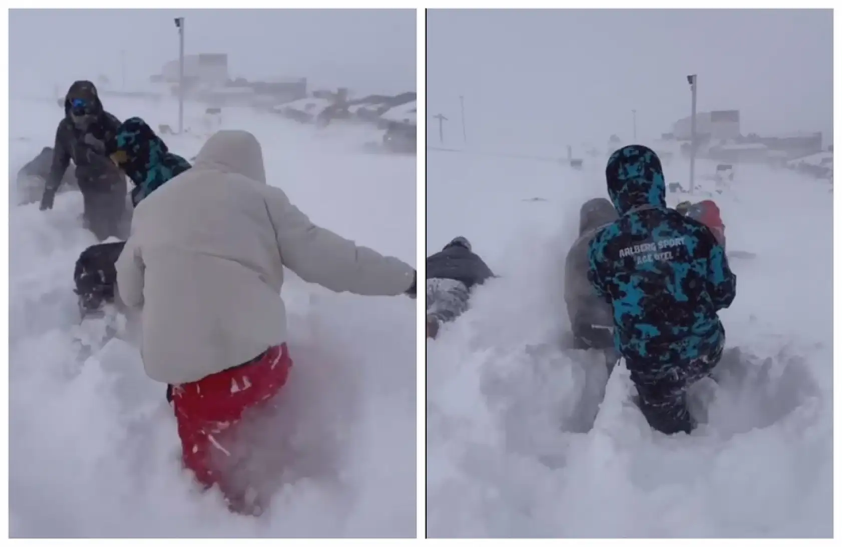 Erciyes'te dikkat çeken görüntü! Karda yürüyemeyince çareyi yüzmede buldular!