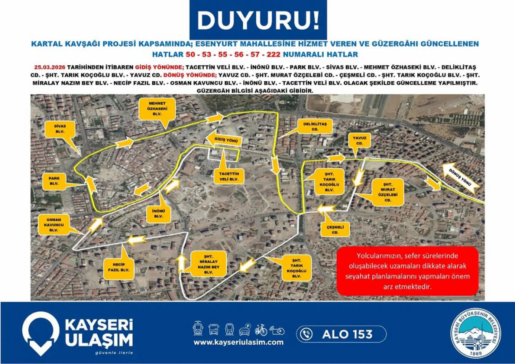 Başkan Büyükkılıç duyurdu: İşte Kartal Kavşağı'nı kullanan otobüsler için alternatif yollar