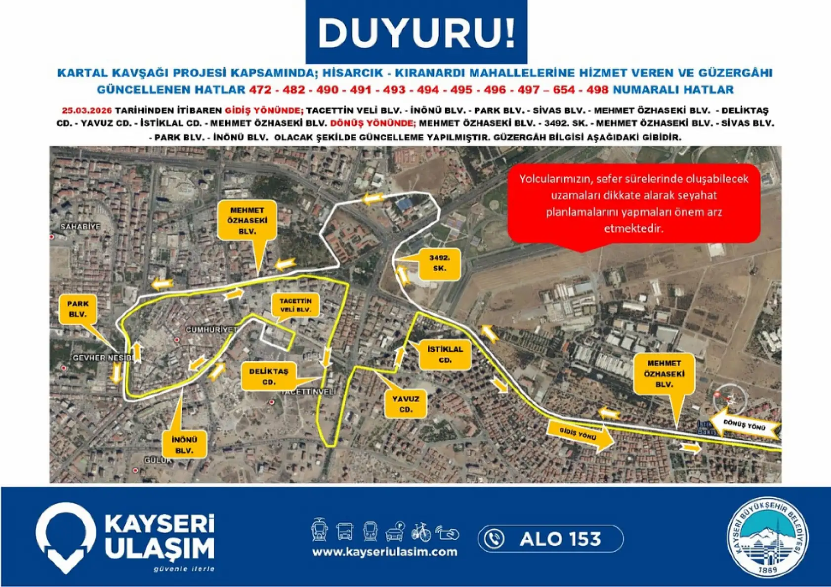 Başkan Büyükkılıç duyurdu: İşte Kartal Kavşağı'nı kullanan otobüsler için alternatif yollar
