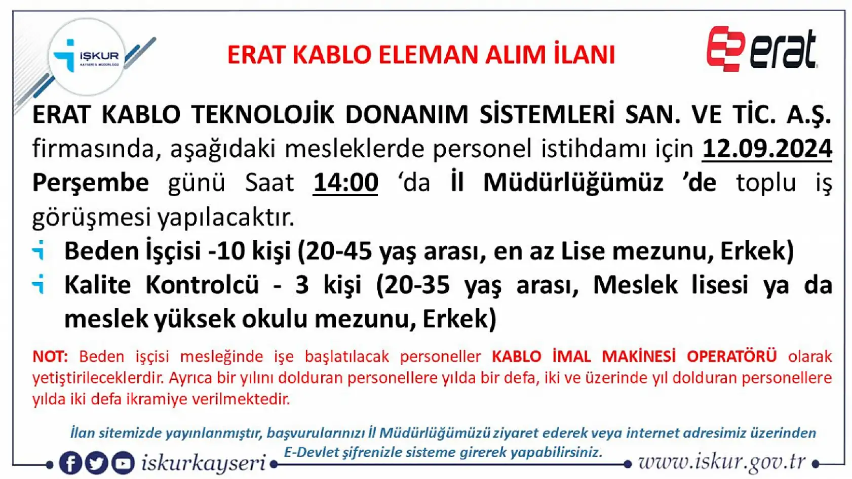 Kayseri'de yılda iki defa ikramiye veren o firma personel alacak! Görüşmeler yarın