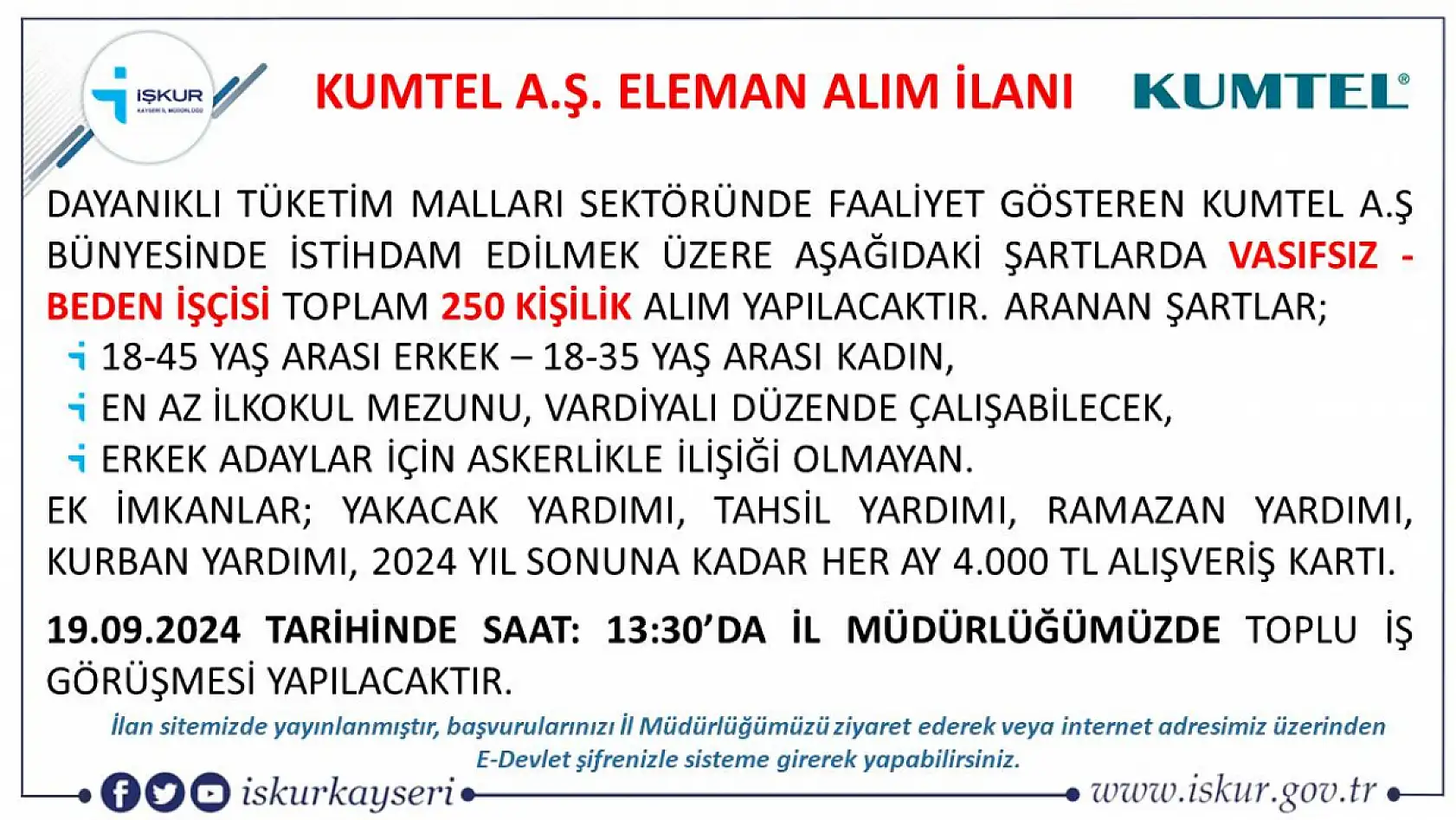 Her ay 4 bin TL'lik alışveriş kartı verilecek! Kayseri'deki o firma 250 kişi alacak