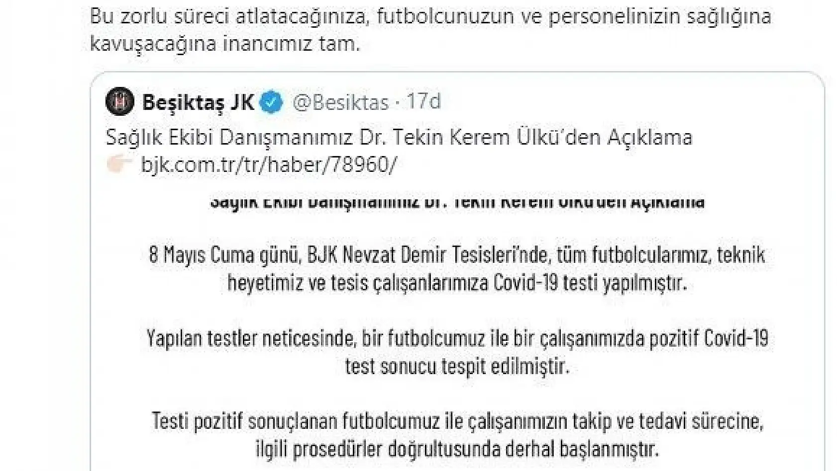 Kayserispor'dan Beşiktaş'a geçmiş olsun mesajı