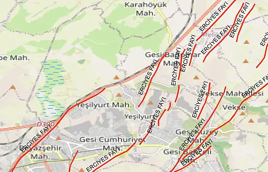 Erciyes Fayının geçtiği bazı mahalleler! Gesi, İldem, Toki, Beyazşehir, Yeşilyurt, Gömeç