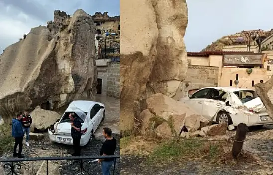 Kapadokya'yı sel vurdu, kayalar yerinden koptu!
