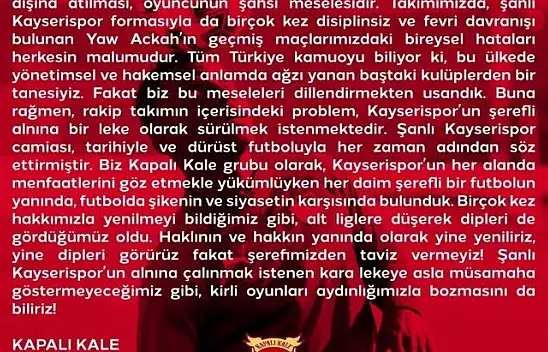 Kapalı Kale'den sert tepki: Şerefimizden taviz vermeyiz