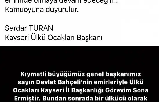 Kayseri Ülkü Ocakları İl Başkanı Serdar Turan, görevine son verildiğini duyurdu
