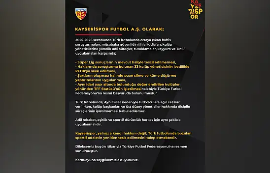 Süper Lig'den düşen Kayserispor'dan TFF'ye dilekçe