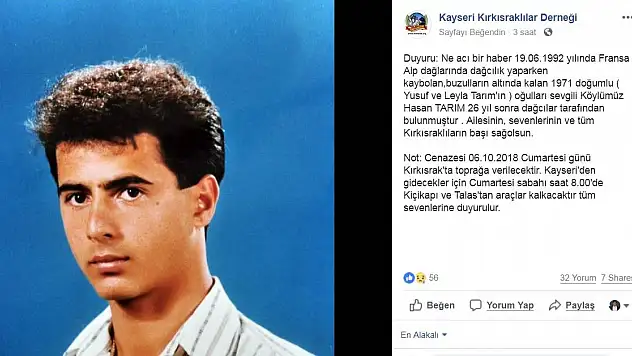 Alp Dağlarında kaybolan Kayserili dağcının naaşı 26 yıl sonra bulundu