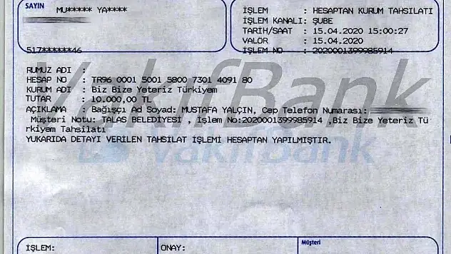 Başkan Yalçın'dan kampanyaya 10 bin TL destek