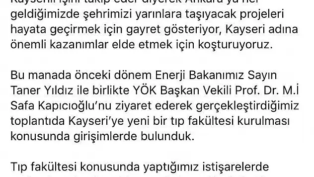 Doktor Başkan'dan Kayseri'ye ikinci Tıp Fakültesi müjdesi

