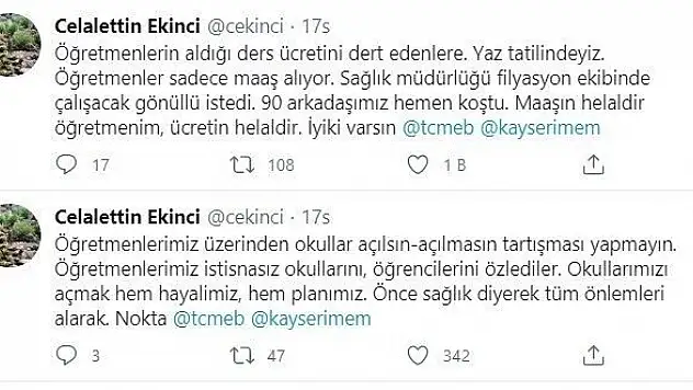 Ekinci: Öğretmenlerimiz üzerinden okullar açılsın-açılmasın tartışması yapmayın