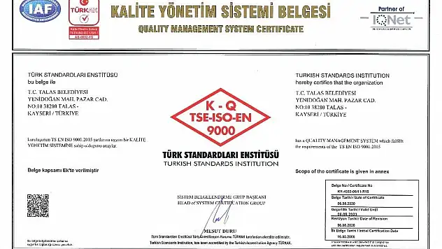 Kalitesi tescilli belediye 'Talas'

