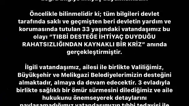Kayseri Büyükşehir Belediyesinden kendine zarar veren şahıs ile ilgili açıklama