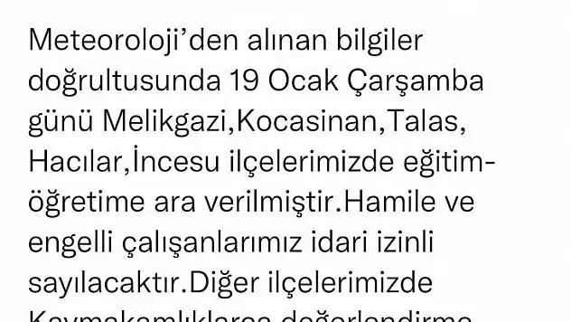 Kayseri'de 5 ilçede eğitime kar engeli