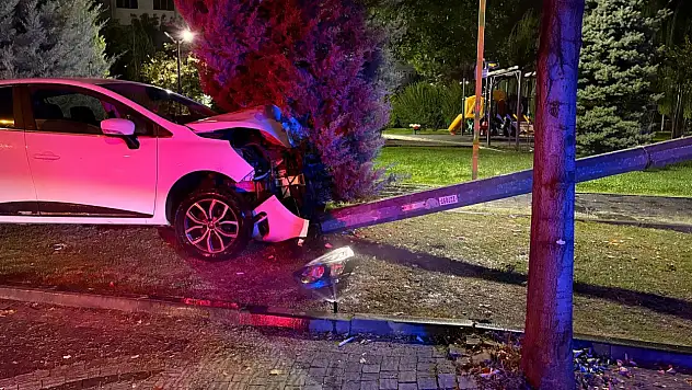 Kayseri'de otomobil parka daldı! Direğe çarparak durabildi