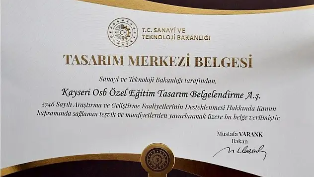 Kayseri OSB Endüstriyel Tasarım Merkezi  'Tasarım Merkezi Belgesi'  Aldı
