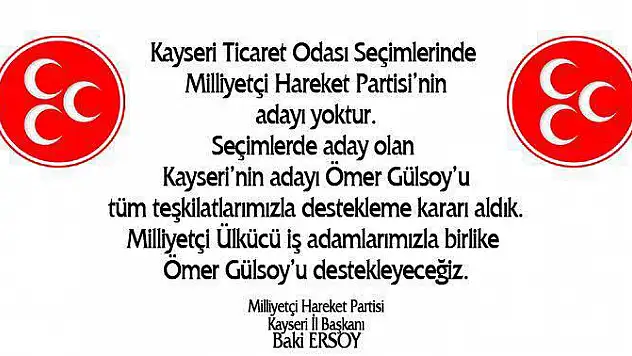 MHP, Ticaret Odası seçimlerinde Gülsoy'u destekleyecek