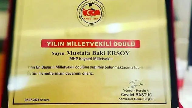 O dernek Ersoy'u, 'Yılın Milletvekili' seçti!