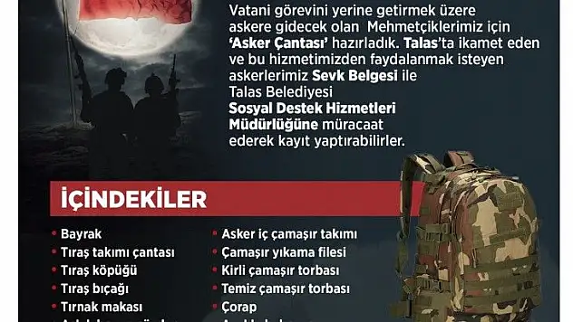 Talas Belediyesi'nden askerlere çanta