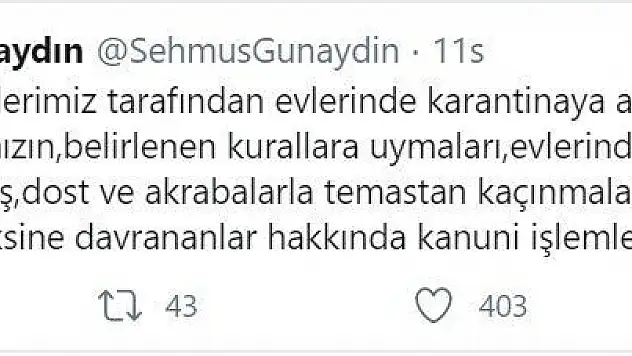 Vali uyardı, karantinaya uymayanlar hakkında kanuni işlem yapılacak