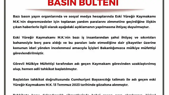 Adana Valiliğinden gözaltına alınan kaymakam ile ilgili açıklama