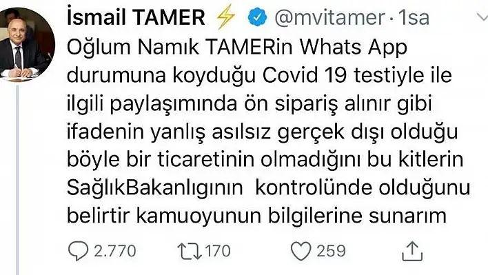 AK Partili Tamer'den Virüs Kiti İddialarına Yanıt
